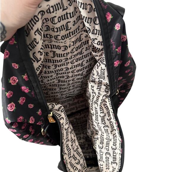 Juicy Couture Black Rose Print Duffel Bag Crossbody Book Bag Tote Bag Carry-On - Picture 4 of 8